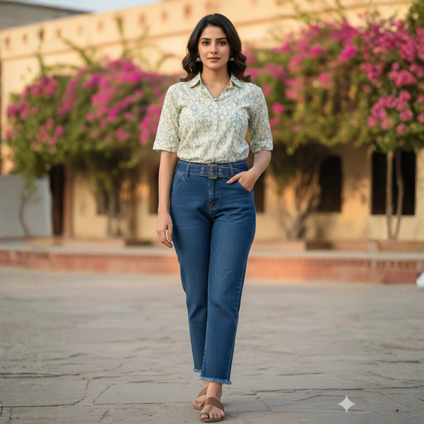 JN-003 High-Waist Buckle-Detail Denim Jeans